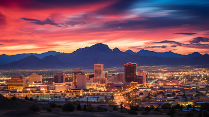 Fototapeta na wymiar Dusk Descending Over the Dynamic Skyline of El Paso, Texas – A Symphony of Urban Architecture and Nature