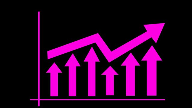 Growth chart icon. Growing graph icon in pink and black background. Graph diagram up icon, business growth success chart with arrows, profit growth symbol. Increase in revenue chart graph sign.