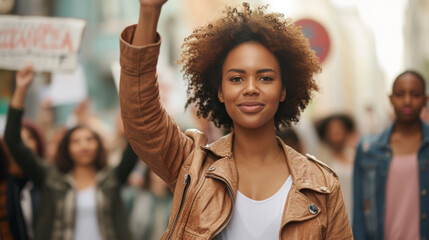 woman at a protest raising her hand, symbolizing participation and solidarity.