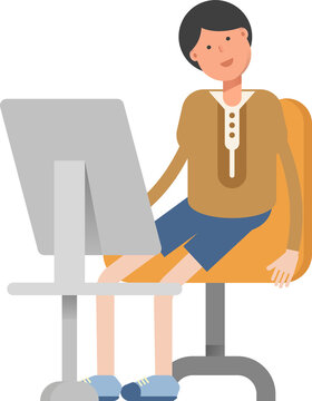 Boy Student Character Working on Desktop
