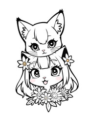Sweet cats and flowers coloring page for kids