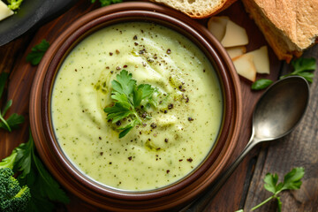 Creamy broccoli soup in ceramic bowl