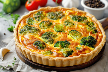 Broccoli quiche in a fluted pie dish - obrazy, fototapety, plakaty