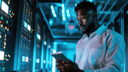Focused IT professional using a laptop while standing in a server room with racks of network equipment illuminated by blue lights