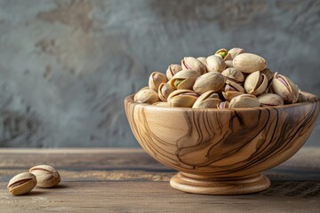 Crunchy Pleasures: Pistachios Nestled in a Wooden Bowl