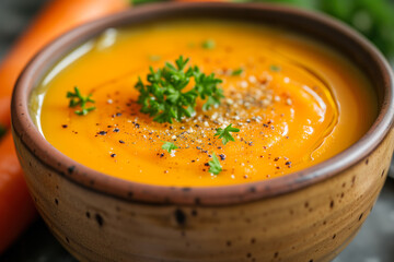 Creamy carrot soup in bowl