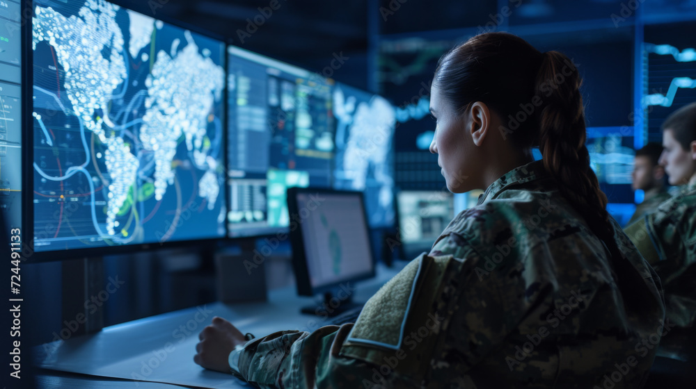 Wall mural military personnel is focused on monitoring multiple computer screens in a high-tech surveillance ro