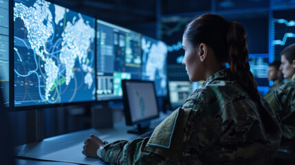 military personnel is focused on monitoring multiple computer screens in a high-tech surveillance room with global maps and data on the screens