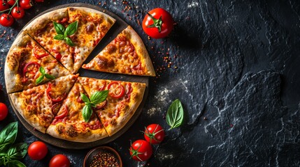 Slices of pizza with spices on dark stone background