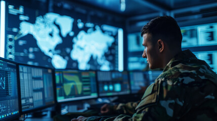 military personnel is focused on monitoring multiple computer screens in a high-tech surveillance room with global maps and data on the screens