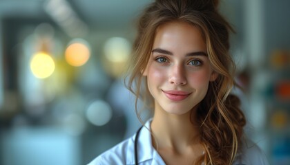 Obraz premium Woman in White Lab Coat Looking at Camera with Copy Space