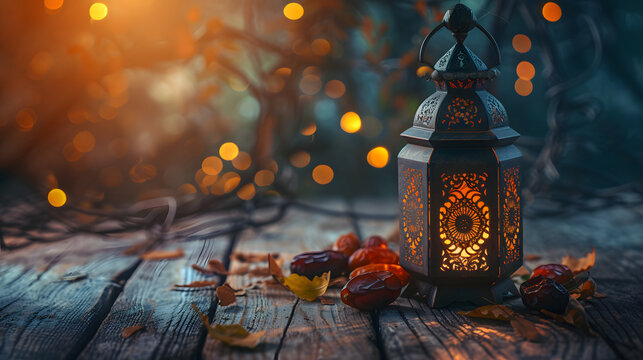 ramadan lamp and dried dates fruit on wooden table, fasting iftar, ramadan invitation card