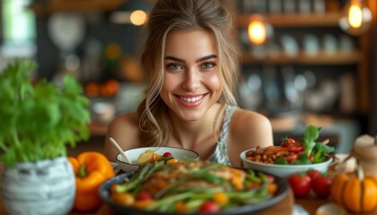Vegetarian Delight: Young Woman Enjoying Meal at Bright Table