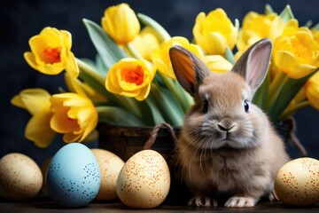 Fototapeta na wymiar easter bunny with tulips and painted eggs on dark background, ai generated