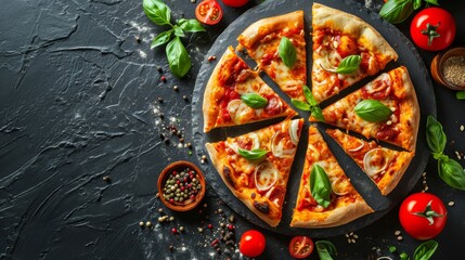 Slices of pizza with spices on dark stone background