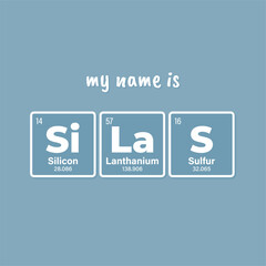 Vector inscription name SILAS composed of individual elements of the periodic table. Text: My name is. Blue background
