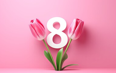 Banner with the March 8 symbol with a tulip flower on a pink background