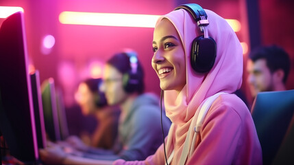 Muslim woman immersed in video gaming at a cybersports club, smiling with joy. The side-view portrait captures her enthusiasm and focus on the game, highlighting the diversity in the gaming community.