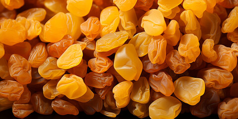 Raisin Abundance Of Raisins A Close Up Textured Background With Dried Grapes. Texture of yellow and orange raisins - obrazy, fototapety, plakaty