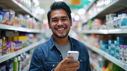 Young man holding a smartphone, standing in a pharmacy aisle