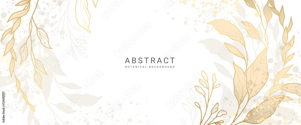 Wall mural golden abstract botanical background with line art branches and leaves. elegant corner frame design.