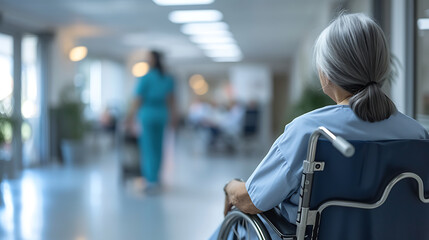 Fototapeta na wymiar Senior or elderly old lady woman patient sitting on wheelchair at the hospital. Generative AI illustration 