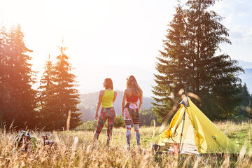 Two women hikers camping in mountains. Back view of young females, friends traveling in hills,...