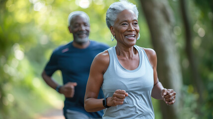 Naklejka premium Cheerful elderly couple jogging together in a park filled with lush greenery.