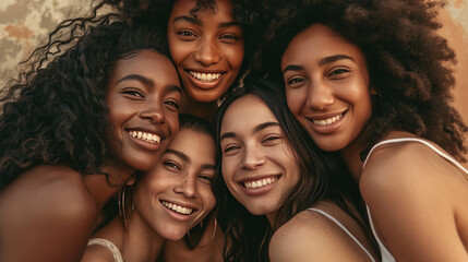 Obraz premium Smiling women are huddled closely together, portraying a warm, friendly, and diverse group.