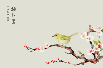 Vector illustration of plum tree and Japanese bush warbler in watercolor style.　梅にうぐいす