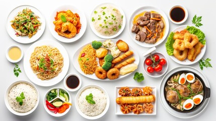 Various plates of food isolated on white background