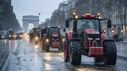 many red farm tractors driving along the road in the city, with the Arch in the background, road...