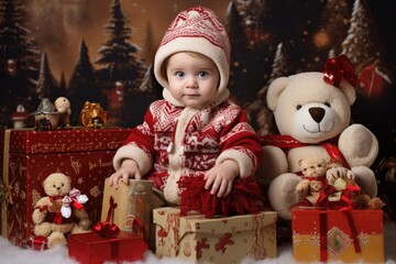 Fototapeta na wymiar Vintage Christmas: Dress the baby in vintage-inspired Christmas clothes and set up a scene with retro decorations. Baby fashion christmas.