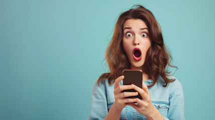 shocked girl using a mobile phone - obrazy, fototapety, plakaty