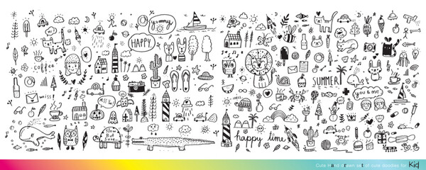Vector illustration of Doodle cute for kid, Hand drawn set of cute doodles for decoration,Funny Doodle Hand Drawn, Summer, Doodle set of objects from a child's life,Cute animal - obrazy, fototapety, plakaty