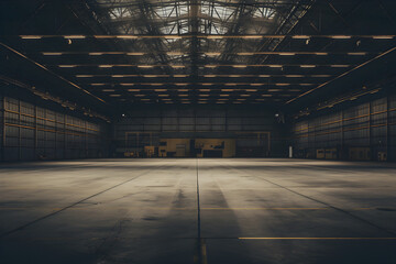 Großer, leerer Hangar, Halle, dunkel, diffuse Beleuchtung, erstellt mit generativer KI - 724493985