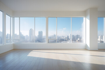 Heller, leerer Raum mit Skyline, Interior-Design, erstellt mit generativer KI