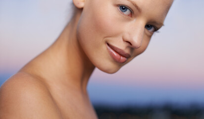 Woman, portrait and skincare outdoor with beauty, spa and facial treatment at sunset with skin...
