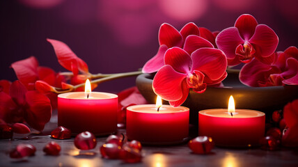 Vibrant red orchid flowers spa massage relaxation and burning candles creating a romantic and serene setting