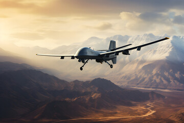 Militärische Drohne vom Typ Reaper über der Wüste, erstellt mit generativer KI - 724494348