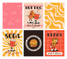 Set of fast food posters. Retro groovy cards with street food characters. Brochure with funky groovy burger, french fries, soda, ice cream, donut, pie, coffee to go, sandwich. Fast food delivery