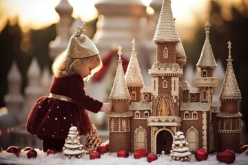 Festive Fairytale Castle: Dress the baby as a prince or princess in front of a miniature fairytale castle with Christmas decorations. Baby fashion christmas. - obrazy, fototapety, plakaty