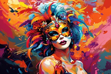Vivid Elegance: Carnival Queen with Exotic Feathers and Mask Generative AI - obrazy, fototapety, plakaty