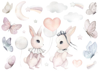 Watercolor illustration of cute bunny, rabbit, hare with pink, heart balloon. Brown set of cutie animal portrait in pastel colors with skirt, collar, bow. Stickers, wall art, butterfly, easter
