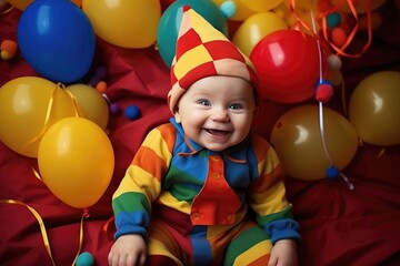 Jolly Jester: Dress the baby in a playful jester outfit and set up a scene with colorful props and decorations. Baby fashion christmas.