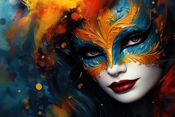Mysterious Elegance: Woman in Ornate Carnival Mask and Colorful Feathers Generative AI - obrazy, fototapety, plakaty
