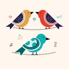 colorful sparrow birds singing music vector illustration. cute happy couple birds whistling in spring vibe.