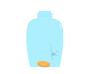 Broken glass jar with only one coin. Lost of money.