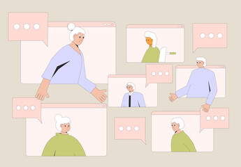 Old friends talk. Retired life adaptation in social community. Vector illustration