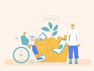 Elderly man and woman in wheelchair checking their finance. Senior couple with money. Retirement savings. Pension plan. Older adult with investment. Vector flat illustration